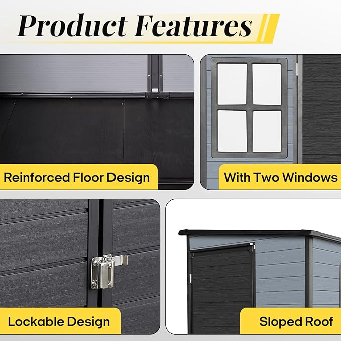 8x4ft Lean to Shed, Resin Outdoor Storage Shed with Floor and 2 Windows, Plastic Sheds & Outdoor Storage Clearance for Patio Furniture, Garden Tools Bike Accessories, Beach Chairs, Black+Grey