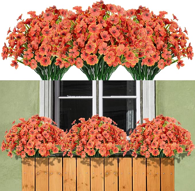 15 Bundles Artificial Flowers Outdoor UV Resistant Fake Silk Plants Plastic Faux Shrubs Outside Front(Orange)
