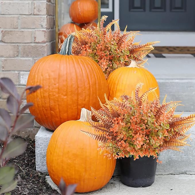 Uieke 6PCS Artificial Fall Flowers Outdoor UV Resistant, 3PCS Fall Fake Plants with 3PCS Autumn Boston Fern Plants Bushes for Outside Garden Front Porch Sidewalk Window Box Fall Décor Orange