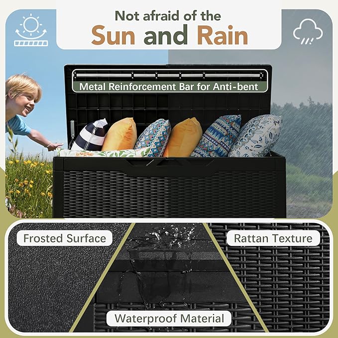 Flamaker Deck Box with Cushion 100 Gallon Waterproof Resin Storage Box with Air Rod Indoor Outdoor Lockable Storage Bench for Patio Furniture, Tools, Pool Accessories (Black)