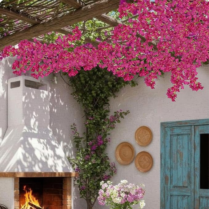 2 Pcs Artificial Bougainvillea Flowers Garland Fake Silk Bougainvilleas Vines Trailing Fuchsia Faux Hanging Flowers Plants Bougainvillea Artificial for Porch Wedding Arch Spring Summer Decor