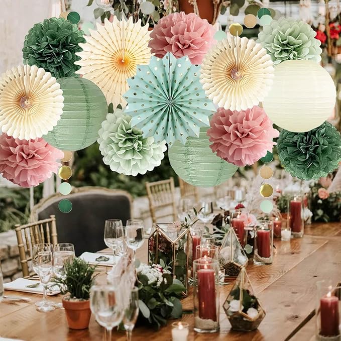 Sage Green and Dusty Pink Party Decorations Green & Pink Party Decor Sage Tissue Pom Poms Paper Lanterns Beige Paper Fans for Women Girls Birthday Wedding Bridal Shower Baby Shower Party Decor