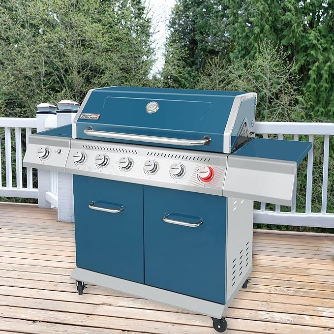Royal Gourmet GA6402B 6 Burner Propane Gas Grill with Side Burner and Warming Rack, 74,000 BTUs, Cabinet Style Gas BBQ Grill for Barbecue Grilling & Backyard Cooking, Blue