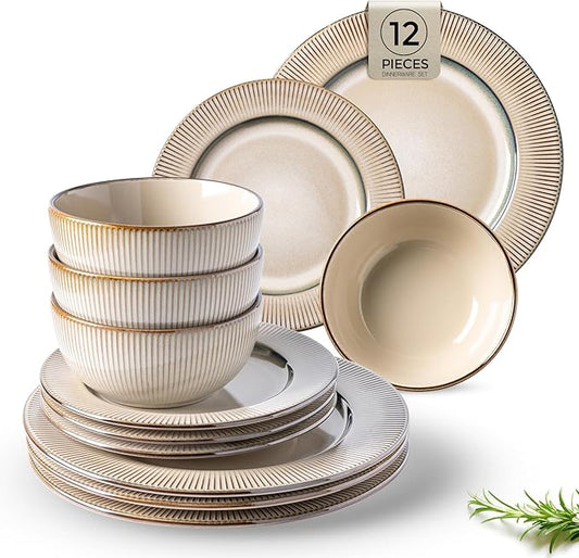 GBHOME Ceramic Dinnerware Sets,12 pcs Embossed Elegant Stoneware Plates and Bowls Sets, Housewarming Wedding Gift | Dishwasher & Microwave Safe | Dishes Set Service for 4