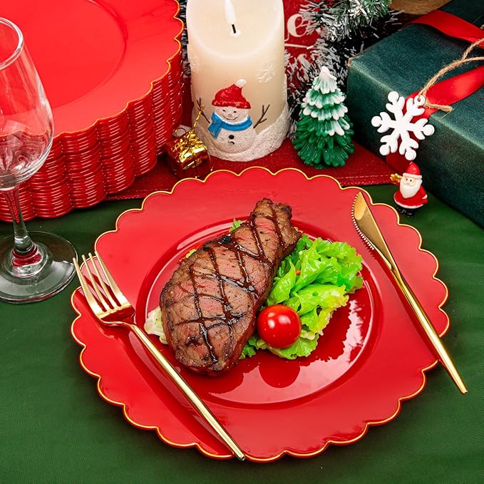 SUT 72 Pcs Red Plates Disposable, Red Plastic Plates With Gold Trim, 10.25 Inch Red Dinner Plates, Fancy Plastic Plates, Plates Disposable Heavy Duty for Wedding, Parties, Banquets