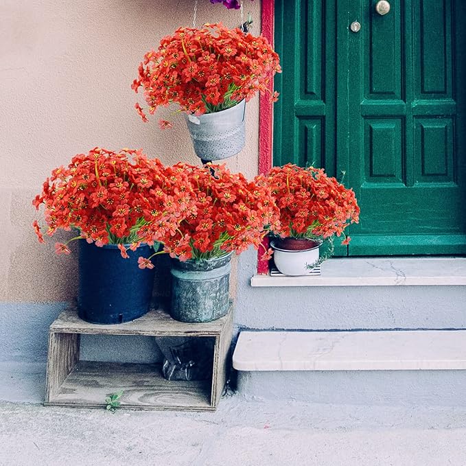 Uieke 72PCS Artificial Flowers for Outdoors, UV Resistant Fake Flowers No Fade Faux Plastic Plants for Garden Porch Window Box Home Summer Décor (Red)