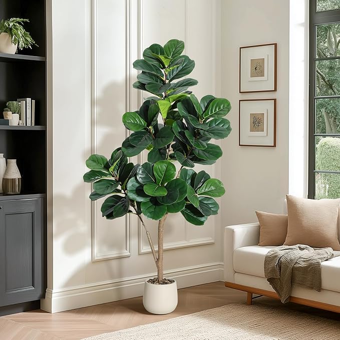 5FT Fiddle Leaf Fig Tree Artificial with 77 Leaves - Realistic Faux Ficus Lyrata Trees in 7.8" White Planter Pot, Indoor Fake Floor Plants for Home Office Living Room Decor, Housewarming Gift