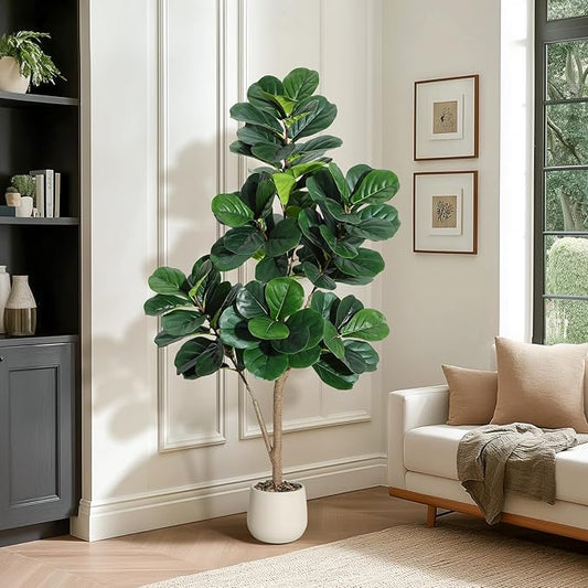 5FT Fiddle Leaf Fig Tree Artificial with 77 Leaves - Realistic Faux Ficus Lyrata Trees in 7.8" White Planter Pot, Indoor Fake Floor Plants for Home Office Living Room Decor, Housewarming Gift
