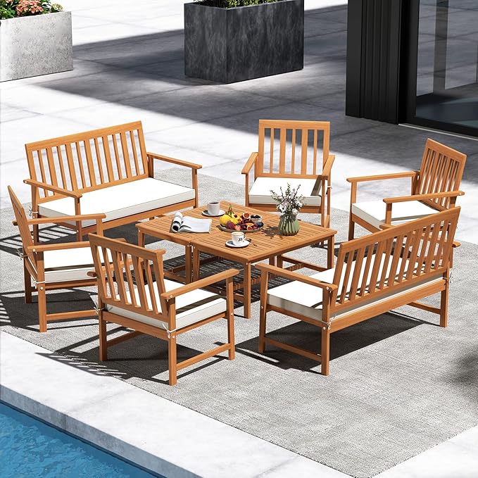 Tangkula 4-Piece Acacia Wood Patio Conversation Set, Outdoor Furniture Set with 2 Armchairs, Loveseat, Coffee Table, Soft Cushions, Slatted Sofa and Chairs Set for Deck, Backyard (Off White,2)