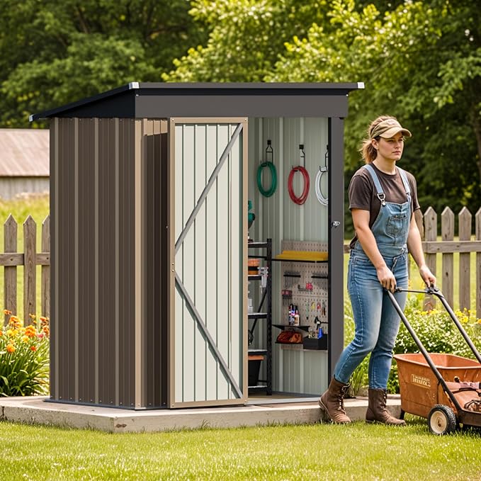 Patiolife 5x3 FT Outdoor Storage Shed, Small Tool Metal Shed with Lockable Door & Sloping Roof, Garden Shed for Backyard Patio Lawn, Brown