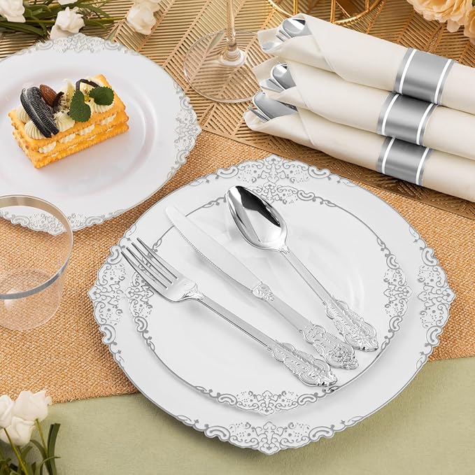 150PCS Silver Plastic Silverware for 50 Guests, Heavy Duty Silver Disposable Utensils Sets, Includes 50 Forks, 50 Spoons, 50 Knives, Elegant Cutlery Perfect for Wedding, Party
