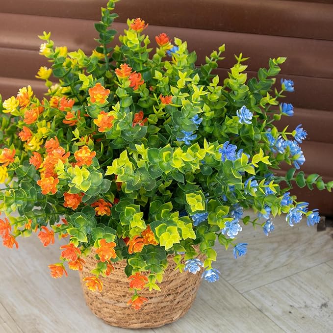 Artificial Flowers Outdoors, 12 Bundles Fake Flowers UV-Anti for Decoration Faux Plastic Plants Garden Porch Window Box Décor, YellowPurpleBlueGreen