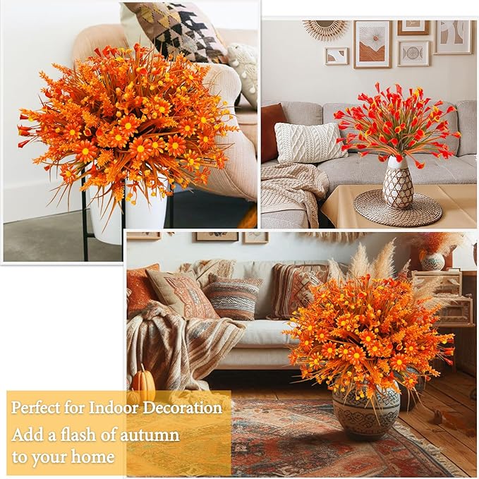 36 Bundles Artificial Fall Flowers for Outdoor UV Resistant Faux Plastic Plants Fake Flowers Greenery Shrubs for Autumn Patio Window Box Kitchen Indoor Outdoor Decor