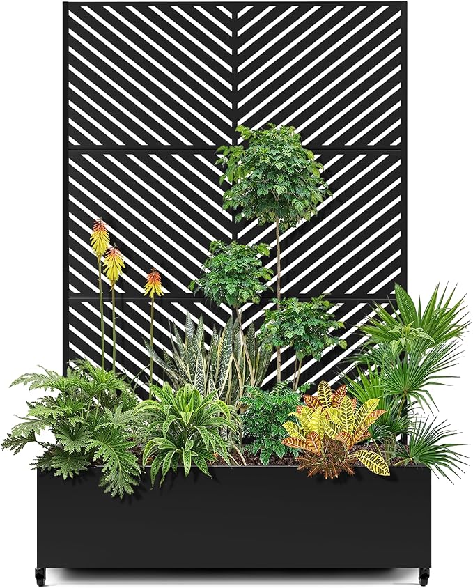15.7"×70.9"×47.2" Metal Raised Garden Bed with Trellis and Wheels - Tall Trellis Planter Box for Climbing Plants, Vegetables & Vines - Outdoor Privacy Planters for Patio (Black-Parallel)