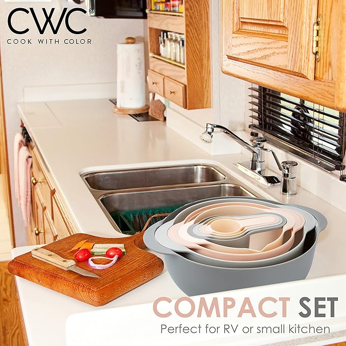 COOK WITH COLOR Nesting Bowls with Measuring Cups Colander and Sifter Set - Includes Mixing Bowls, Colander, Sifter and Measuring Cups, Pink, 8 Pc Bowl