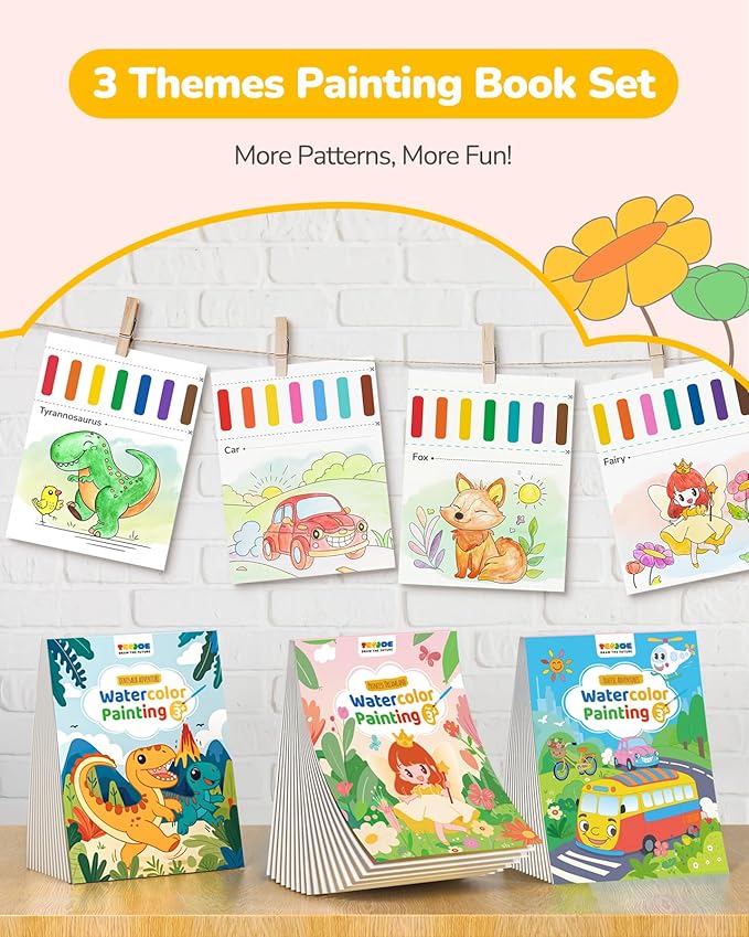 TECJOE 3 Pack Paint with Water Coloring Books for Toddlers, Watercolor Paint Set with 6 Brushes, Mess Free Painting for Kids Ages 4-8, Birthday Gifts Arts & Crafts Toy - Traffic, Princess, Dinosaur