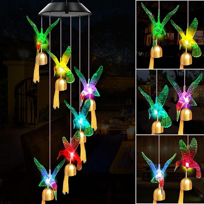 Solar Wind Chimes Outdoor Color Changing Lights, Gift for Women Mom Grandma Sister Best Gifts, Wind Chimes Unique Outdoor Garden Yard Decor (Green Hummingbird Bell)