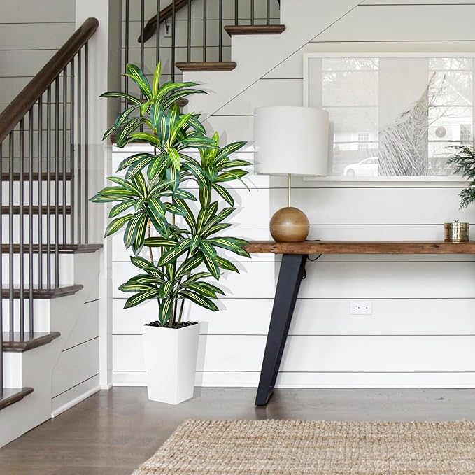 Artificial Dracaena Tree 6FT Tall Fake Plant with White Pot - Realistic Faux Dragon Tree with Tall Planter - Indoor Floor Plant for Home, Office,Mall, Living Room, Bedroom Decor (White - Planter, 6ft)