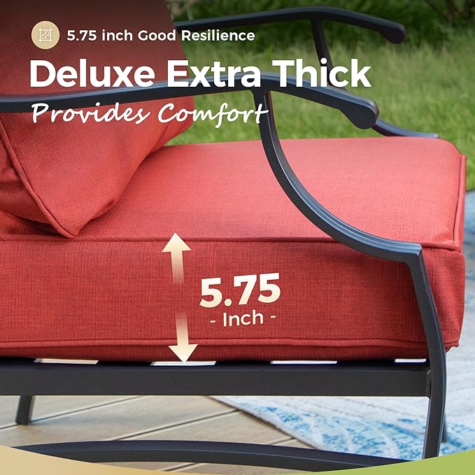 Patio Furniture Set 5 pcs, Outdoor Patio Furniture, 3-Seat Sofa, 2 Swivel Chairs, 2 Ottomans and 5.75" Extra Thick Cushion, Patio Conversation Set for Garden Backyard Deck,Red