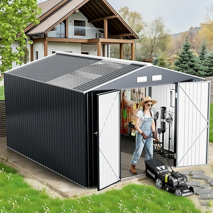 12x10 FT Metal Sheds & Outdoor Storage: Heavy Duty Garden Sheds with Dual Transparent Panels, DIY-installable Windows & Lockable Doors, Weatherproof Tool Shed for Backyard, Garden, Patio, Grey