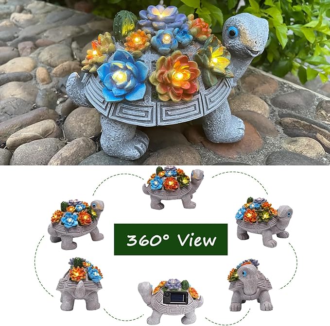 Solar Garden Outdoor Turtle Figurines with LED Lights Lawn Decor Tortoise Statue for Outside Yard Patio Front Porch Balcony Home Ornament Housewarming