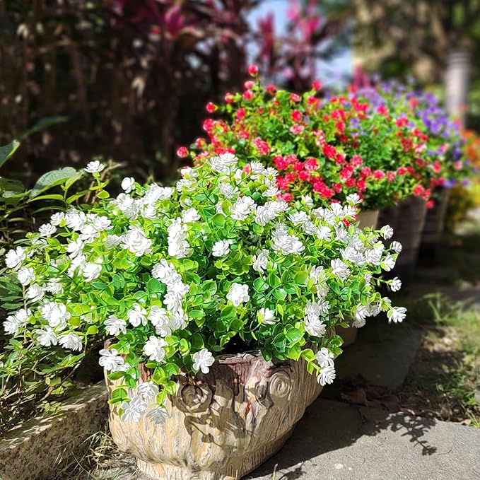 12 Bundles Artificial Flowers for Outdoors, UV Resistant Fake Flowers with Plastic Plants, Faux Flowers for Outside Window Box Front Porch Hanging Planter Decor (White)