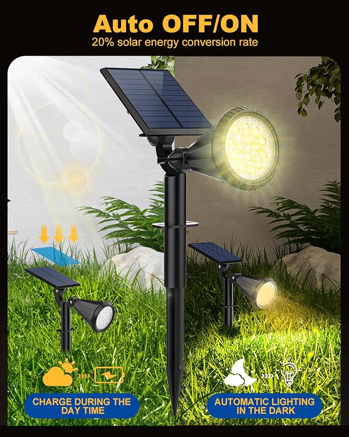 Solar Spot Lights Outdoor, 2 Pack Outdoor Solar Lights for Yard, IP65 Waterproof Solar Spotlights with 4 Modes, 2-in-1 Auto On/Off Solar Landscape Lights for Flood, Wall, Pathway (Warm White)