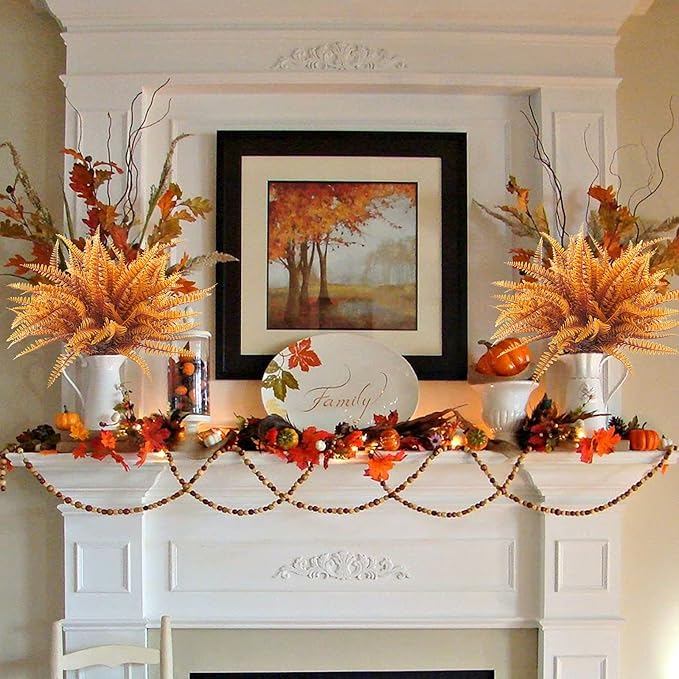 Uieke 12PCS Artificial Ferns for Outdoors, Fake Fall Boston Fern Plants UV Resistant No Fade Faux Plastic Greenery Bushes for Indoor Outside Window Box Fall Décor Autumn Orange