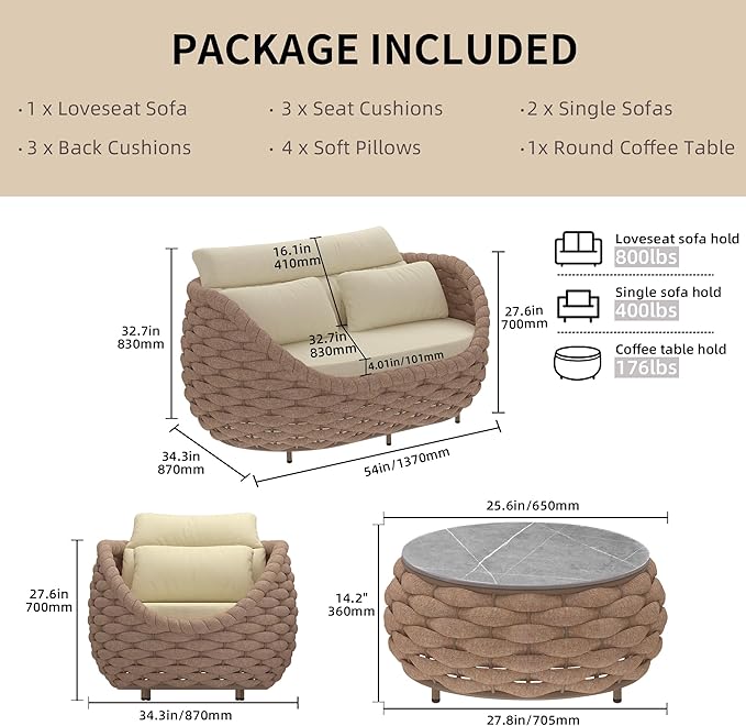 TWT Patio Furniture Sofa Set 4 Pieces Aluminum Outdoor Furniture w/25.6in Coffee Table,Patio Conversation Set with Hand Woven Textilene Rope for Backyard Garden Poolside (Khaki)