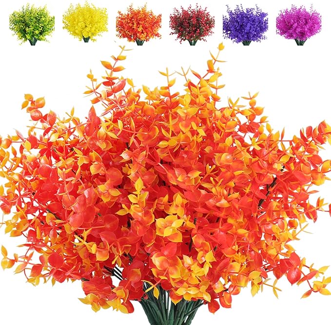 RECUTMS Artificial Outdoor Mums Artificial Eucalyptus Stems Faux Outdoor Boxwoods Faux Flowers for Outside Planters Outdoor Fake Potted Plants Faux Ferns for Outdoor Planter Large(Gold Eucalyptus)