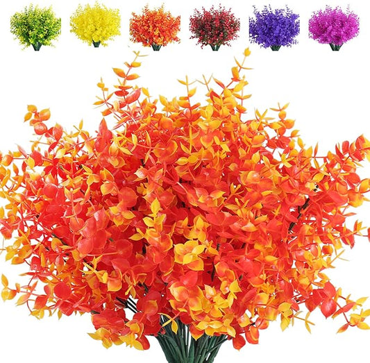 RECUTMS Artificial Outdoor Mums Artificial Eucalyptus Stems Faux Outdoor Boxwoods Faux Flowers for Outside Planters Outdoor Fake Potted Plants Faux Ferns for Outdoor Planter Large(Gold Eucalyptus)