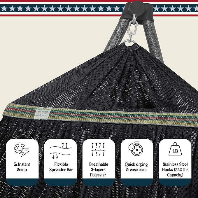 Tranquillo Uniki 3-Year Warranty Hammock Stand, Instant 30s Foldable Hammock with Stand, 550 lbs Capacity Camping Hammock for 1 Persons, Portable & Durable Premium Hammock, Black