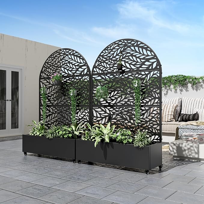 Casaphoria Metal Raised Garden Bed with Trellis and Wheels, 72"x47"x16" Arched Planter Box for Climbing Plants, Vegetables & Vines, Features Drainage Holes and Privacy Screen (Black-Spring)