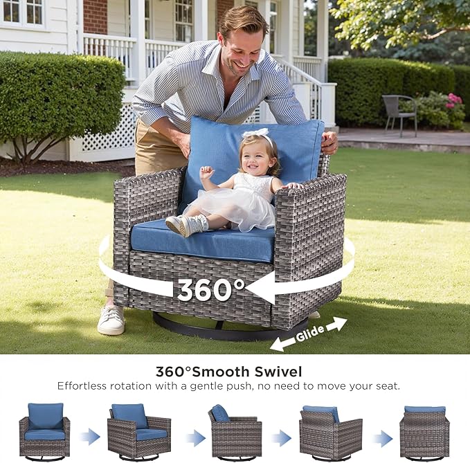 Outdoor Swivel Rocker Patio Chairs-3 Pieces Wicker Swivel Patio Chairs Set of 2 with Matching Side Table, Thick Cushions High Back Outdoor Furniture Set for Deck Porch Balcony(Grey/Blue)