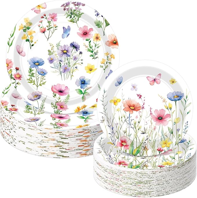 Mumufy 100 Pack Wild Floral Paper Plates Flower Dinner Decoration 9" & 7" Disposable Watercolor Dessert Plates for Wedding Birthday Baby Shower Bridal Tea Party Supplies(Colorful Flowers)