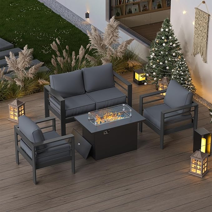 Patio Furniture Set with Fire Pit Table, Aluminum Patio Furniture Set,Grey Outdoor Metal Sectional Sofa with Aluminum Fire Pit Table for Garden Backyard (Include Waterproof Cover)