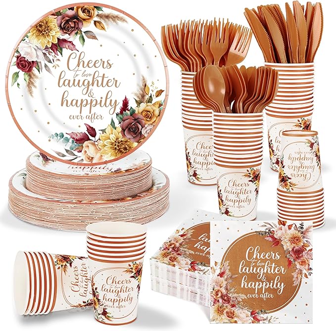 350 Pcs Boho Fall Wedding Bridal Shower Paper Plate Autumn Vintage Rose Pampas Grass Disposable Tableware Set With Knives Fork Cheers to Love Bachelorette Party Favor for 50 Guest