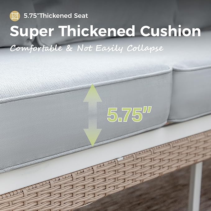 4 Piece Patio Furniture Set, 2 x Fixed Chair, 1 x 3-Seat Sofa with Marbling Coffee Table, 5 Seats Outdoor Conversation Set for Lawn Garden Backyard, Light Gray