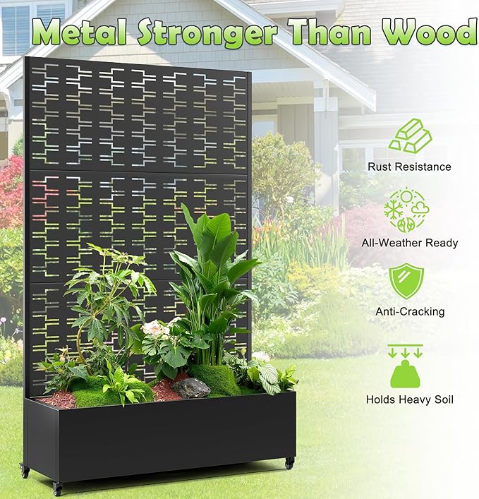 15.7"×70.9"×47.2" Metal Raised Garden Bed with Trellis and Wheels - Tall Trellis Planter Box for Climbing Plants, Vegetables & Vines - Outdoor Privacy Planters for Patio (Black-Brick)