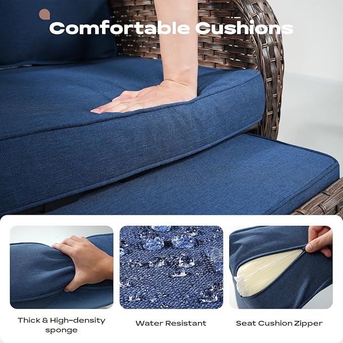 Rilyson 5 Piece Patio Furniture Set - Wicker Balcony Furniture Set with Hidden Ottomans, Rattan Outdoor Patio Chairs with Side Table for Porch Deck Poolside Garden Brown/Blue