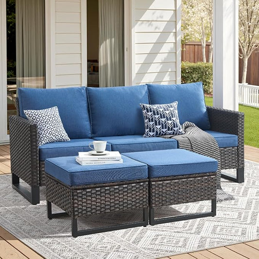 3 Pieces Patio Furniture Sets-All Weather Outdoor Sectional Patio Sofa with Multifunctional Ottomans Thicken Cushion Patio Conversation Set for Deck Porch Balcony(Brown/Blue)