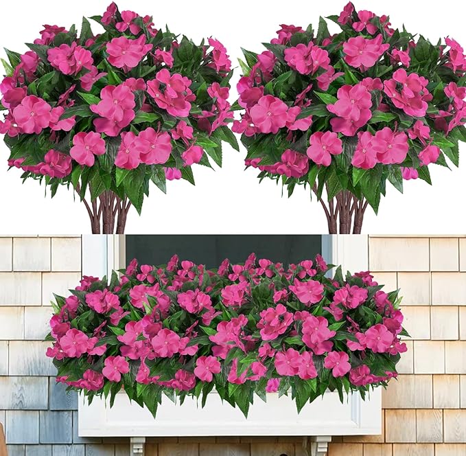 8 Bundles Artificial Flowers for Outdoors Silk Impatiens Flowers UV Resistant Faux Impatiens Plants Faux Flowers for Outdoor Planters Pot Lawn Garden Balcony Hanging Basket Porch (Rose Red)