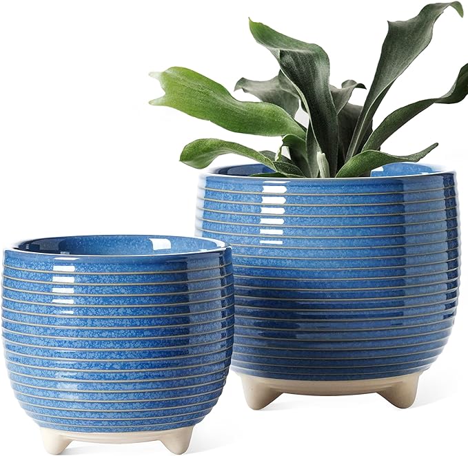 LE TAUCI Ceramic Plant Pots, 5.1 + 6.4 Inch Footed Pots for Plants, Modern Flower Pots for Home and Office, Indoor Planters with Drainage, Reactive Glaze Blue