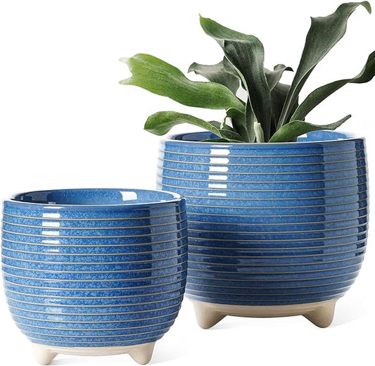 LE TAUCI Ceramic Plant Pots, 5.1 + 6.4 Inch Footed Pots for Plants, Modern Flower Pots for Home and Office, Indoor Planters with Drainage, Reactive Glaze Blue