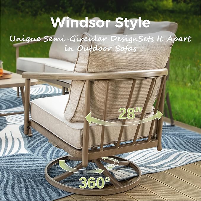 Outdoor Patio Furniture Set with Swivel Chairs, 4-Piece Steel Patio Outdoor Conversation Sets with Washable Thick Cushions, Windsor Outdoor Patio Sectional for Garden, Backyard, Balcony-Beige