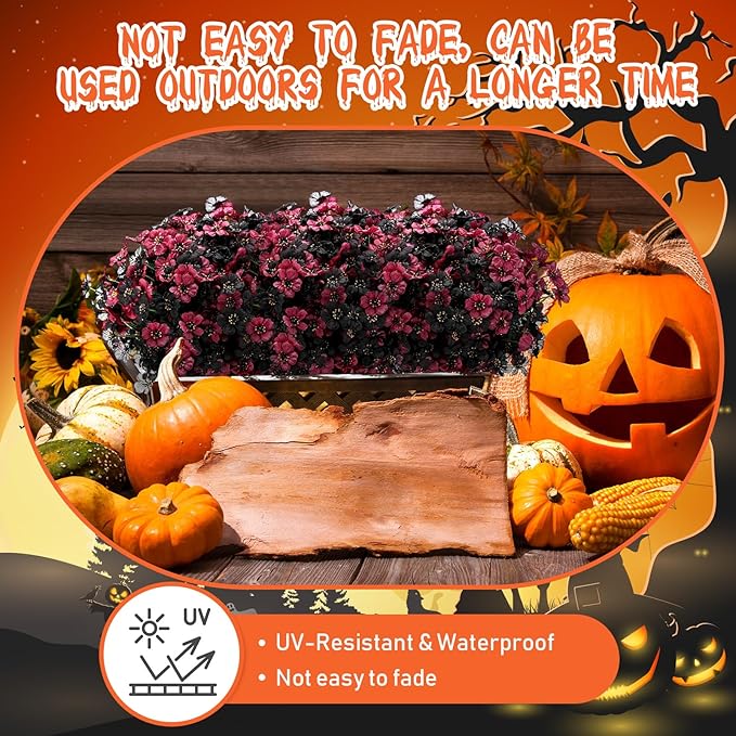 Lyrow 100 Bundles Violet Artificial Flowers, UV Resistant Faux Silk Flowers Outdoor, Fake Violet Bulk for Front Porch Hanging Garden Courtyard Farmhouse Home (Black and Red)