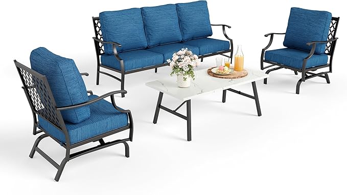 Patio Furniture Set 4 pcs, Outdoor Patio Furniture, 3-Seat Sofa, 2 Rocking Chairs, Coffee Table and 5.75" Extra Thick Cushion, Conversation Set for Backyard Deck, Gemstone Blue