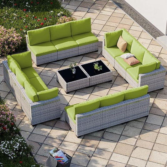 14-Piece Patio Furniture Set, Outdoor Sectional with Thick Cushions, Modular Patio Sofa, Dual-Strand Wicker Rattan, Rust-Resistant Frame, Backyard Furniture for Garden, Deck, Grass Green