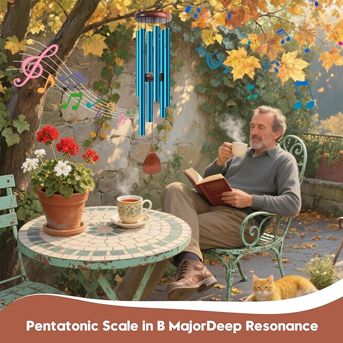 Aluminum Wind Chimes for Outdoor Garden and Yard with Soothing Deep Tones, Creates a Peaceful Ambiance with Sophisticated Wind Catcher, Ideal Calming Gift for Families (Blue, 37 Inches)