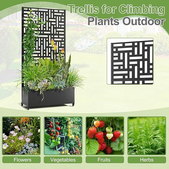 Raised Garden Bed with Trellis and Wheels,73"x35"x16" Metal Raised Garden Bed,Black Modern Metal Planter with Climbing Trellis for Vines & Vegetables